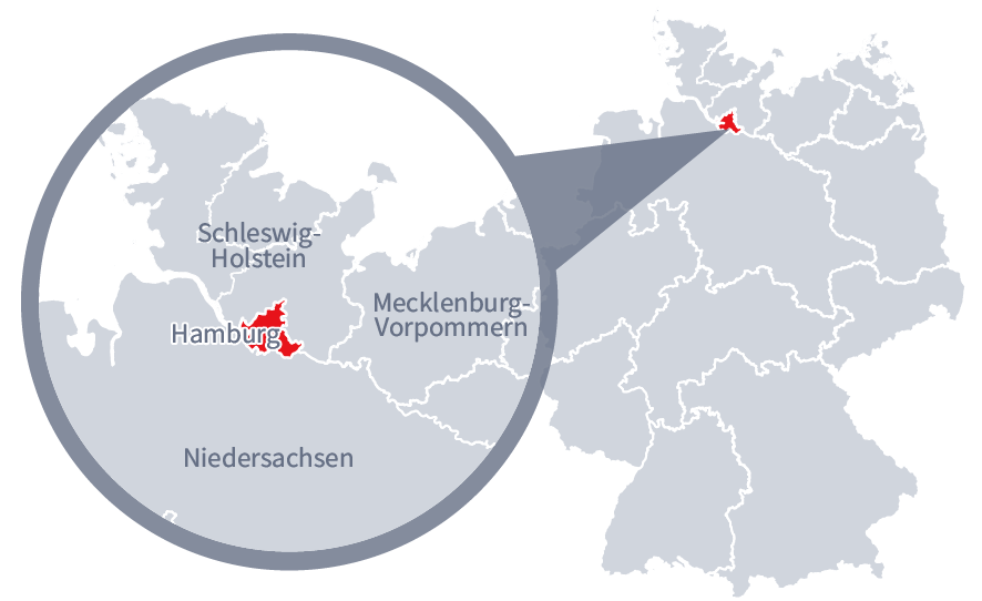Diese Grafik zeigt eine Karte von Deutschland mit einer detaillierten Ansicht der Region Hamburg. Hamburg ist in Rot hervorgehoben und liegt im nördlichen Teil Deutschlands. Ein Lupensymbol vergrößert diesen Bereich, um die Lage genauer darzustellen.