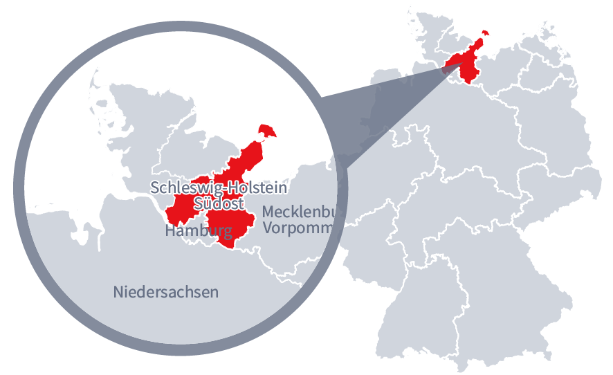 Diese Grafik zeigt eine Karte von Deutschland mit einer detaillierten Ansicht der Region Schleswig-Holstein-Südost. Schleswig-Holstein-Südost ist in Rot hervorgehoben und liegt im nördlichen Teil Deutschlands. Ein Lupensymbol vergrößert diesen Bereich, um die Lage genauer darzustellen.
